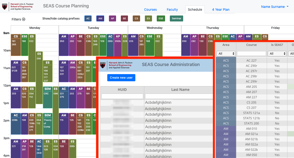 Screen capture of schedule, courses and administration.
